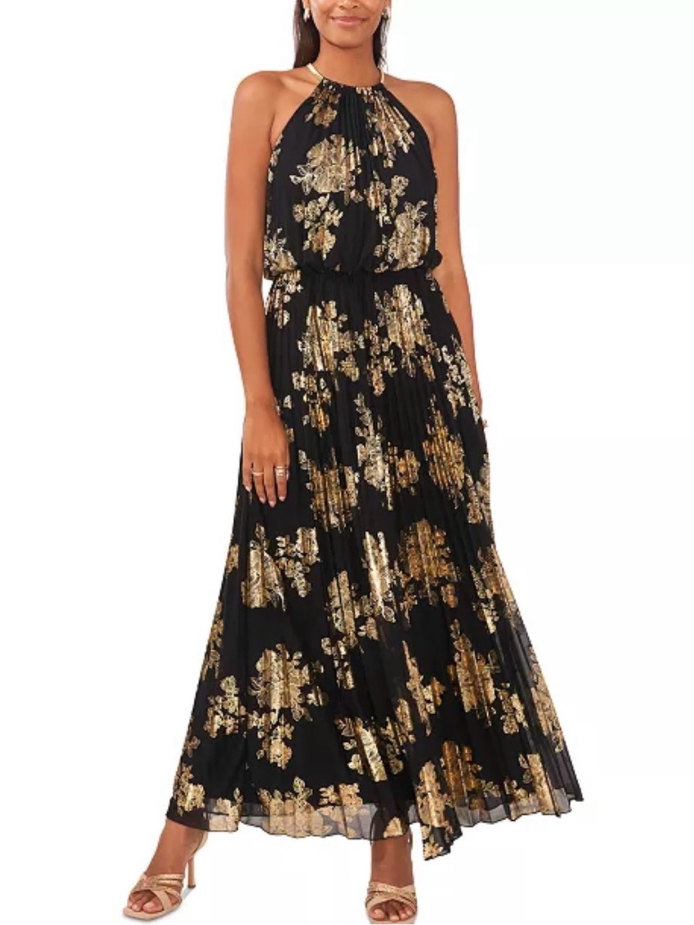 Metallic-Print Floral Gold and Black Pleated Blouson Gown with Gold Halter Top